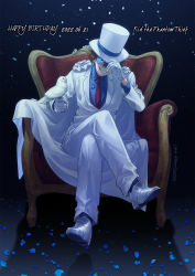Rule 34 | 1boy, 2022, adjusting clothes, adjusting headwear, bird, bird on hand, blue eyes, blue shirt, brown hair, chair, character name, collared shirt, dated, formal, full body, grin, happy birthday, hat, highres, jacket, kaitou kid, long sleeves, looking at viewer, magic kaito, monocle, necktie, pant suit, pants, red necktie, remsor076, shirt, short hair, sitting, smile, solo, suit, twitter username, white hat, white jacket, white pants, wing collar