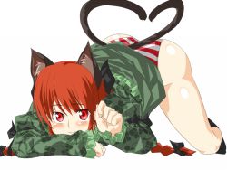 Rule 34 | 1girl, animal ears, braid, cat ears, cat girl, cat tail, female focus, hair ribbon, heart, heart tail, kaenbyou rin, multiple tails, panties, red eyes, red hair, ribbon, short hair, solo, striped clothes, striped panties, tail, tomuman, touhou, twin braids, twintails, underwear