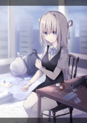 Rule 34 | 1girl, absurdres, bad id, bad pixiv id, bandaged arm, bandages, black dress, blue bow, blurry, blurry background, bottle, bow, breasts, cellphone, chair, closed mouth, collared shirt, commentary request, depth of field, dress, dress shirt, electrical outlet, feet out of frame, fingernails, grey nails, gun, hair between eyes, hair ribbon, hair rings, handgun, highres, indoors, light brown hair, long hair, looking away, looking down, medium breasts, nail polish, on chair, original, phone, pill, pistol, purple eyes, ribbon, shirt, short sleeves, sitting, sleeveless, sleeveless dress, solo, table, thighhighs, trash bag, tsuruse, very long hair, weapon, white ribbon, white shirt, white thighhighs, window