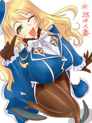 Rule 34 | 10s, 1girl, atago (kancolle), atelier kd, beret, black gloves, blonde hair, breasts, female focus, from above, gloves, green eyes, hat, high heels, huge breasts, kantai collection, leg lift, long hair, long skirt, looking at viewer, military, military hat, military uniform, open clothes, open mouth, open skirt, pantyhose, shirt, shoes, simple background, skirt, solo, standing, uniform, white background, wink