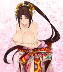 Rule 34 | 1girl, breast hold, breasts, brown eyes, brown hair, cleavage, collarbone, covering privates, covering breasts, fatal fury, female focus, hair ornament, haruno (haruno-kgr), huge breasts, japanese clothes, jewelry, kimono, leaning forward, long hair, looking at viewer, ponytail, shiranui mai, solo, standing, the king of fighters, topless, yukata