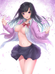 Rule 34 | 1girl, black hair, blouse, blunt bangs, bow, bowtie, breasts, cherry blossoms, cleavage, collared shirt, cowboy shot, flower, graphite (medium), jacket, long hair, looking at viewer, medium breasts, miniskirt, mizuya nao, navel, no bra, open clothes, open shirt, original, pleated skirt, purple eyes, red bow, red bowtie, school uniform, shirt, skirt, solo, spring (season), standing, stomach, thighs, traditional media, white shirt