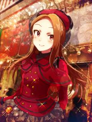 Rule 34 | 1girl, anaroguya, blush, brown hair, capelet, closed mouth, floating hair, grey skirt, hat, idolmaster, idolmaster (classic), jacket, layered skirt, long hair, long sleeves, looking at viewer, minase iori, miniskirt, outdoors, red capelet, red eyes, red hat, red jacket, skirt, smile, solo, sparkle, standing, very long hair
