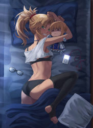 Rule 34 | 1girl, anklet, artoria pendragon (all), artoria pendragon (fate), ass, bare shoulders, barefoot, blonde hair, braid, breasts, character doll, fate/apocrypha, fate/stay night, fate (series), french braid, green eyes, hair ornament, hair scrunchie, highres, jewelry, legs, long hair, looking at viewer, mordred (fate), mordred (fate/apocrypha), parted bangs, ponytail, red scrunchie, saber (fate), scrunchie, servant (fate), sidelocks, small breasts, smile, soles, solo, stirrup legwear, stuffed toy, thighs, toeless legwear, tonee