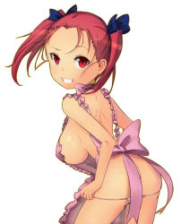 Rule 34 | 10s, 1girl, accel world, alternate breast size, apron, ass, breasts, butt crack, from behind, grin, hair ribbon, kouzuki yuniko, large breasts, looking back, magister, naked apron, panties, panty pull, red eyes, red hair, ribbon, short twintails, sideboob, simple background, smile, solo, twintails, underwear, white background