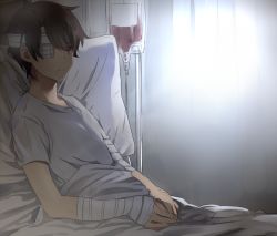 Rule 34 | 10s, 1boy, aldnoah.zero, bad id, bad pixiv id, bandages, bandaged arm, bandages, bed, brown eyes, brown hair, curtains, daenarys, hospital bed, hospital gown, intravenous drip, kaizuka inaho, lying, male focus, medical, pillow, short hair, solo, spoilers