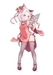 Rule 34 | 1girl, absurdres, animal ears, black footwear, cat ears, china dress, chinese border, chinese clothes, clothes lift, contrapposto, detached sleeves, dress, dress lift, floral print, flower, folding fan, full body, grey thighhighs, hair flower, hair intakes, hair ornament, hand fan, highres, holding, holding fan, knees, legs, parted lips, print thighhighs, red dress, red eyes, red ribbon, ribbon, short hair, simple background, skindentation, solo, thighhighs, thighs, tsurime, vittorio veneto (warship girls r), warship girls r, white background, white hair, wide sleeves, wulifeng