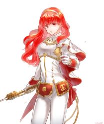 Rule 34 | 1girl, aiguillette, arm at side, cape, celica (fire emblem), cowboy shot, earrings, fire emblem, fire emblem echoes: shadows of valentia, futabaaf, gloves, hairband, holding, holding sword, holding weapon, jewelry, long hair, long sleeves, looking at viewer, nintendo, pants, red cape, red eyes, red hair, simple background, solo, spot color, sword, tassel, two-sided cape, two-sided fabric, weapon, white background, white cape, white pants