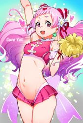 Rule 34 | 10s, 1girl, :d, adapted costume, bow, character name, cone hair bun, covered erect nipples, cowboy shot, cure yell, double bun, earrings, flower, hair bun, hair flower, hair ornament, hair ribbon, heart, heart hair ornament, highres, holding, hugtto! precure, jewelry, long hair, looking at viewer, magical girl, microskirt, midriff, navel, nono hana, open mouth, pink eyes, pink hair, pink shirt, pink skirt, pom pom (cheerleading), precure, red ribbon, ribbon, rumo, shirt, skirt, sleeveless, sleeveless shirt, smile, solo