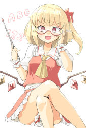 Rule 34 | 1girl, adjusting eyewear, arnest, ascot, bespectacled, blonde hair, bow, breasts, bright pupils, collared shirt, convenient skirt, crossed legs, crystal, flandre scarlet, frilled shirt collar, frilled skirt, frills, glasses, hair bow, hands up, hat, highres, holding, holding pointer, looking at viewer, no headwear, one side up, pointer, puffy short sleeves, puffy sleeves, red-framed eyewear, red bow, red eyes, red skirt, red vest, semi-rimless eyewear, shirt, short hair, short sleeves, simple background, sitting, skirt, skirt set, slit pupils, small breasts, smile, solo, sparkle, teacher, touhou, under-rim eyewear, vest, white pupils, white shirt, wings, wrist cuffs, yellow ascot