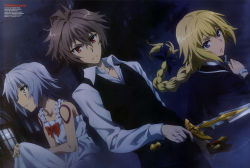 Rule 34 | 1boy, 2girls, absurdres, ahoge, bare shoulders, black pants, blonde hair, blue eyes, bow, braid, brown hair, collarbone, company name, copyright name, cross, crucifix, dress, english text, fate/apocrypha, fate (series), green eyes, hair ornament, hair ribbon, hand on own knee, highres, hiroe keisuke, holding, holding sheath, holding sword, holding weapon, jack the ripper (fate/apocrypha), jacket, jeanne d&#039;arc (fate), jeanne d&#039;arc (ruler) (fate), jewelry, long braid, long hair, long sleeves, looking at viewer, multiple girls, official alternate costume, official art, pants, purple eyes, purple jacket, purple ribbon, red bow, red eyes, ribbon, scabbard, scar, scar across eye, scar on face, sheath, shirt, short hair, shoulder tattoo, sieg (fate), silver hair, single braid, sitting, sleeveless, sleeveless dress, sundress, sword, tattoo, uniform, upper body, very long hair, waistcoat, watch, watermark, weapon, web address, white shirt, wristwatch