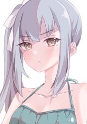Rule 34 | 1girl, absurdres, bare arms, bare shoulders, bikini, blush, closed mouth, green bikini, grey hair, highres, kantai collection, kasumi (kancolle), kukimaru, long hair, side ponytail, simple background, solo, swimsuit, upper body, white background, yellow eyes