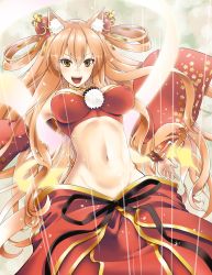 Rule 34 | &gt;:d, 1girl, :d, animal ear fluff, animal ears, armpits, blush, breasts, covered erect nipples, cowboy shot, detached sleeves, fate/extra, fate/extra ccc, fate/extra ccc fox tail, fate (series), fox ears, fox tail, hair between eyes, hair ornament, highres, japanese clothes, jewelry, large breasts, long hair, looking at viewer, navel, neck ring, nib pen (medium), oku hideki, open mouth, orange hair, ribbon-trimmed sleeves, ribbon trim, shawl, smile, solo, stomach, suzuka gozen (fate), suzuka gozen (third ascension) (fate), tail, traditional media, v-shaped eyebrows, very long hair, wide sleeves, yellow eyes