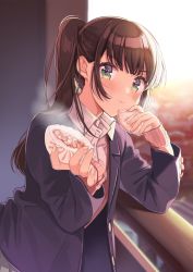 Rule 34 | 1girl, arm rest, backlighting, baozi, black jacket, blazer, blush, brown hair, buttons, collared shirt, commentary request, day, eating, food, green eyes, grey skirt, hands up, highres, holding, holding food, jacket, leaning forward, long hair, long sleeves, looking at viewer, open clothes, open jacket, original, outdoors, ponytail, pouty lips, railing, reaching, reaching towards viewer, school uniform, shigure ui, shirt, sidelocks, skirt, sleeves past wrists, solo, standing, sweater, upper body, v-shaped eyebrows, white shirt, wing collar