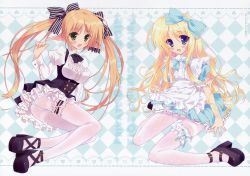 Rule 34 | 2girls, :d, absurdres, alice (alice in wonderland), alice in wonderland, apron, ass, black footwear, blonde hair, blue eyes, blue skirt, blush, bow, breasts, brown hair, cameltoe, checkered background, clothes lift, dress, dress lift, elf, female focus, full body, green eyes, green panties, hair bow, high heels, highres, legs, long hair, long sleeves, looking at viewer, medium breasts, multiple girls, open mouth, panties, panties under pantyhose, pantyhose, platform footwear, platform heels, pointy ears, purple eyes, shoes, sitting, skirt, smile, thighband pantyhose, tsurusaki takahiro, twintails, twisted torso, underwear, wariza, white background, white legwear