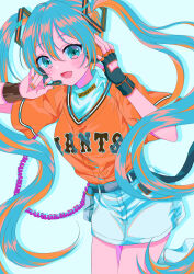 Rule 34 | 1girl, absurdres, belt, blue eyes, blue hair, blush, cable, character name, fingerless gloves, gloves, hair ornament, hand on headphones, hands up, hatsune miku, headphones, headset, highres, long hair, looking at viewer, miniskirt, nail polish, open mouth, rooibos, shirt tucked in, short sleeves, single glove, skirt, smile, solo, sweatband, twintails, very long hair, vocaloid, wristband