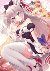 Rule 34 | 1girl, amane kurumi, american flag, animal ears, azur lane, black bow, black dress, blue eyes, blueberry, blush, bow, breasts, cake, commentary request, corset, doughnut, dress, eating, food, food on face, fork, fruit, hair bow, hammann (azur lane), highres, holding, holding clothes, holding skirt, knife, long hair, looking at viewer, outstretched arm, red ribbon, ribbon, silver hair, sitting, skirt, small breasts, solo, strawberry, thighhighs, thighs, tsundere, tsurime, white thighhighs, wrist cuffs
