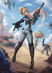 Rule 34 | 1girl, armor, ass, assault rifle, blonde hair, body armor, bodysuit, boobplate, breastplate, breasts, day, full body, gun, headset, highres, holding, holding weapon, long hair, looking at viewer, looking back, nova (starcraft), nuclear explosion, nuclear weapon, parted lips, planet, ponytail, power armor, reaching, reaching towards viewer, rifle, robot costume, skin tight, solo focus, standing, starcraft, suppressor, tongue, tongue out, twisted torso, weapon, weapon of mass destruction, wenfei ye