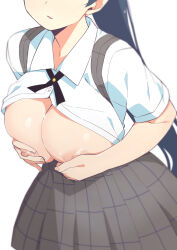 Rule 34 | 1girl, blue hair, blush, breasts, breasts out, covering privates, covering breasts, covering nipples, ebino mei, female focus, hatsukoi zombie, head out of frame, highres, large breasts, leaning forward, long hair, morisobo, nipples, no bra, plaid, plaid skirt, ponytail, shirt, simple background, skirt, solo, very long hair, white background, white shirt