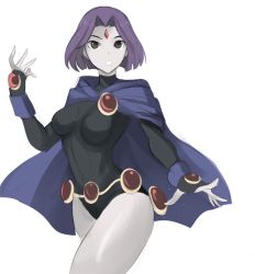 Rule 34 | 1girl, black eyes, black leotard, blue cape, breasts, breasts apart, cape, cartoon network, commentary, cowboy shot, dc comics, english commentary, fingerless gloves, gloves, hand up, highres, leotard, medium breasts, parted lips, purple hair, rakeemspoon, raven (dc), short hair, simple background, solo, teen titans, white background