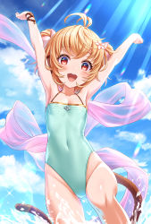 Rule 34 | 1girl, :d, andira (granblue fantasy), animal ears, antenna hair, arms up, blonde hair, blue one-piece swimsuit, blue sky, blush, casual one-piece swimsuit, cloud, commentary request, covered navel, day, double bun, erune, flower, granblue fantasy, groin, hair between eyes, hair bun, hair flower, hair ornament, highres, looking at viewer, monkey ears, monkey girl, monkey tail, one-piece swimsuit, open mouth, outdoors, red eyes, sky, smile, solo, splashing, sunlight, swimsuit, tail, tomo (tmtm mf mf), water, white flower