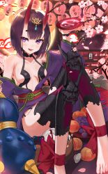 Rule 34 | 1girl, :d, absurdres, alcohol, ankle ribbon, barefoot, breasts, cherry blossoms, cup, fate/grand order, fate (series), food, fruit, gourd, grapes, hair ornament, highres, holding, holding cup, horns, japanese clothes, kimono, lantern, leg ribbon, light blush, long sleeves, looking at viewer, medium breasts, minus zero69, obi, oni, open clothes, open kimono, open mouth, paper lantern, peach, purple eyes, purple kimono, red ribbon, revealing clothes, ribbon, sakazuki, sake, sash, short eyebrows, short hair, shuten douji (fate), sitting, skin-covered horns, smile, solo, torii
