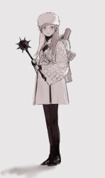 Rule 34 | 1girl, backpack, bag, black eyes, black footwear, black pantyhose, black sweater, evina ic, expressionless, full body, grey background, hair behind ear, highres, holding, holding weapon, jacket, long hair, looking to the side, mace, original, pantyhose, shadow, shoes, simple background, sketch, sneakers, solo, spiked mace, spikes, sweater, weapon, white background, white headwear, white jacket