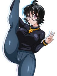 Rule 34 | 1girl, :o, absurdres, black hair, breasts, chain, female focus, glasses, highres, hoimin (anchangdeath), hunter x hunter, jewelry, large breasts, leg up, looking at viewer, medium hair, necklace, open mouth, purple eyes, shizuku murasaki, simple background, solo, tagme, thighs, v, white background