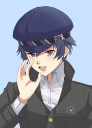 Rule 34 | 1girl, :d, absurdres, black jacket, blue background, blue hair, blue hat, cabbie hat, commentary request, cover, cover page, gakuran, go-toubun no hanayome, grey eyes, hair between eyes, hand up, hat, highres, jacket, long sleeves, looking at viewer, open mouth, persona, persona 4, reverse trap, school uniform, shirogane naoto, shirt, short hair, sidelocks, simple background, smile, solo, upper body, usa (kawaii 152cm), white shirt, yasogami school uniform