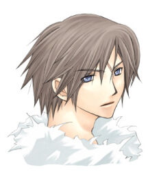 Rule 34 | 1boy, bad id, blue eyes, brown hair, cropped shoulders, expressionless, final fantasy, final fantasy viii, fur trim, looking back, lowres, male focus, rendezvous, scar, scar on face, short hair, simple background, solo, squall leonhart, upper body, white background, white fur