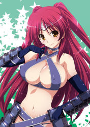 Rule 34 | 1girl, alternate costume, armor, bikini, bikini armor, blush, breasts, cleavage, covered erect nipples, gloves, halterneck, izumi mahiru, kousaka tamaki, large breasts, long hair, looking at viewer, navel, red hair, shiny skin, smile, solo, swimsuit, to heart (series), to heart 2, to heart 2 dungeon travelers, twintails, two side up, yellow eyes