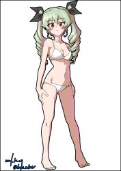 Rule 34 | 1girl, absurdres, anchovy (girls und panzer), artist name, barefoot, bikini, black border, black outline, black ribbon, blush, border, breasts, brown eyes, closed mouth, commentary request, drill hair, drops mint, full body, girls und panzer, green hair, hair ribbon, highres, light frown, long hair, looking at viewer, medium breasts, navel, outline, partial commentary, ribbon, signature, solo, standing, swimsuit, twin drills, twintails, white background, white bikini
