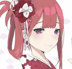 Rule 34 | 1girl, alternate costume, atelier live, blush, close-up, commentary, english commentary, eyebrows hidden by hair, hair behind ear, hair ornament, hair rings, highres, japanese clothes, kani kanizawa, kimono, looking at viewer, mole, mole under eye, portrait, purple eyes, red hair, smile, solo, tagicrabbu, virtual youtuber, yukata