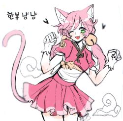 Rule 34 | 1girl, bell, dress, fangs, gloves, green eyes, japanese dress, mad mew mew, pink hair, solo, tail, teeth, twintails, undertale, wink