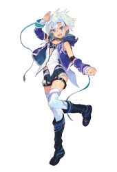Rule 34 | 1girl, arm up, blue eyes, boots, denim, denim shorts, detached sleeves, fang, full body, highres, jacket, leg lift, official art, open mouth, peroshi (graphic loops), short hair, shorts, simple background, solo, tanigawa midori, thighhighs, toys drive, white background, white hair