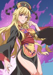 Rule 34 | 1girl, black dress, black headwear, blonde hair, breasts, chinese clothes, dress, energy, feet out of frame, fingernails, gyouza (mhea5724), highres, junko (touhou), knees, large breasts, legs, long hair, long sleeves, looking at viewer, nail polish, open mouth, phoenix crown, red eyes, red nails, smile, solo, tabard, thighs, touhou, wide sleeves