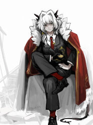 Rule 34 | 1girl, alternate costume, arknights, black footwear, black jacket, black pants, breasts, cloak, collared shirt, dragon girl, dragon horns, dragon tail, dress pants, dress shirt, dress shoes, figure four sitting, formal, full body, fur-trimmed cloak, fur trim, hair intakes, highres, horns, jacket, lapels, looking at viewer, necktie, pants, red cloak, red necktie, red socks, shaded face, shirt, short hair, silverxp, sitting, small breasts, socks, solo, suit jacket, tail, talulah (arknights), twitter username, white background, white hair, white shirt, xiao (project moon)