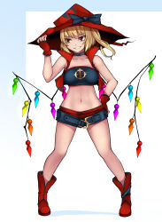 Rule 34 | 1girl, aged up, alternate costume, ankle boots, aoshima, asymmetrical hair, bandeau, belt, belt buckle, black bow, blonde hair, boots, bow, breasts, buckle, buttons, choker, collarbone, crescent moon symbol, crystal, demon girl, demon wings, fingerless gloves, flandre scarlet, full body, gloves, grin, hand on own hip, hand up, hat, hat bow, hat ornament, highres, holding, holding clothes, holding hat, legs apart, looking to the side, medium breasts, navel, open clothes, open vest, parted lips, rainbow order, red eyes, red footwear, red gloves, red hat, red shorts, red vest, short hair, short shorts, shorts, side ponytail, simple background, smile, solo, standing, stomach, strapless, teeth, touhou, tube top, vest, white background, wings