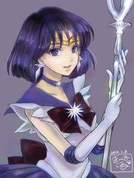 Rule 34 | 10s, 1girl, 2016, bishoujo senshi sailor moon, black hair, bow, brooch, brown bow, choker, cowboy shot, dated, earrings, elbow gloves, female focus, ginshima jill, glaive (polearm), gloves, holding, holding polearm, holding spear, holding weapon, jewelry, lips, lipstick, looking at viewer, magical girl, makeup, neck, necklace, parted lips, pleated skirt, polearm, purple background, purple eyes, purple skirt, purple theme, sailor collar, sailor saturn, short hair, signature, silence glaive, simple background, skirt, smile, solo, spear, staff, star brooch, tiara, tomoe hotaru, weapon, white gloves