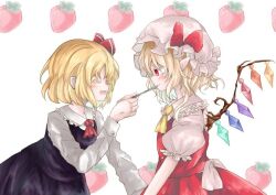 Rule 34 | 2girls, ascot, black skirt, black vest, blonde hair, collared shirt, crystal, facing another, feeding, flandre scarlet, fleuriste, frilled shirt collar, frilled sleeves, frills, from side, hat, holding, holding spoon, long sleeves, looking at another, medium hair, mob cap, multicolored wings, multiple girls, pointy ears, puffy short sleeves, puffy sleeves, red ascot, red eyes, red skirt, red vest, rumia, sharp teeth, shirt, short sleeves, skirt, spoon, teeth, touhou, vest, white headwear, white shirt, wings, yellow ascot
