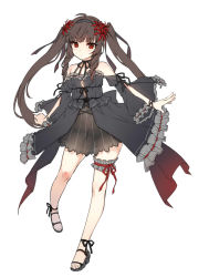 Rule 34 | 1girl, bad id, bad pixiv id, bare shoulders, black dress, black panties, bridal garter, brown hair, detached sleeves, dress, female focus, flower, frilled sleeves, frills, full body, hair flower, hair ornament, hairband, highres, lily bloomerchen, long hair, looking at viewer, neck ribbon, panties, red eyes, ribbon, sandals, see-through, simple background, solo, soulworker, tama (tamatamo), twintails, underwear, very long hair, white background