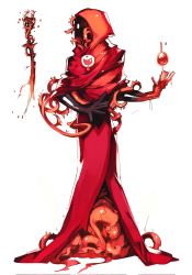 Rule 34 | 1other, black skin, blood, colored skin, creature, firebay, full body, highres, hood, hood up, magic, original, red robe, red skin, robe, shiny clothes, simple background, solo, tentacles, white background