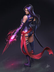 Rule 34 | 1girl, artist request, ass, black hair, blue leotard, breasts, curvy, highres, holding, holding sword, holding weapon, large breasts, leotard, lips, long hair, looking at viewer, looking back, marvel, psylocke, red sash, revealing clothes, sash, shiny clothes, shiny skin, solo, standing, sword, very long hair, weapon, wide hips, x-men