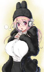 Rule 34 | 1girl, blush, breasts, coat, fur coat, hat, hat with ears, headphones, large breasts, long hair, looking at viewer, nitroplus, open mouth, pink eyes, pink hair, solo, super sonico, tsuji santa