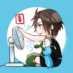 Rule 34 | 1boy, black shirt, black shorts, blue background, blue eyes, brown hair, chibi, circle, commentary request, crossed legs, dated, electric fan, final fantasy, final fantasy viii, hiryuu (kana h), hot, lowres, male focus, open mouth, pupu (ff8), scar, scar on face, shirt, short hair, shorts, signature, simple background, sleeves rolled up, solo, squall leonhart, summer, sweat, sweatdrop, tonberry, translated, wind