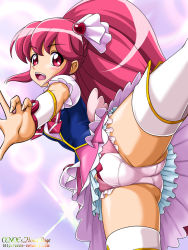 Rule 34 | 10s, 1girl, aino megumi, blush, boots, cure lovely, eyelashes, hair ornament, happinesscharge precure!, heart, heart hair ornament, long hair, looking at viewer, magical girl, onoe, open mouth, panties, pantyshot, pink eyes, pink hair, pink panties, pink skirt, ponytail, precure, puffy sleeves, shirt, skirt, solo, thigh boots, thighhighs, underwear, upskirt, white thighhighs, wide ponytail, wrist cuffs