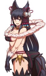 Rule 34 | 1girl, animal ears, backless outfit, bell, black gloves, blunt bangs, breasts, commentary request, erune, fang, fox ears, fox tail, fur, fur trim, gloves, granblue fantasy, hair bell, hair ornament, jingle bell, large breasts, long hair, looking at viewer, michihasu, red eyes, sideboob, smile, tail, thighhighs, yuel (granblue fantasy)