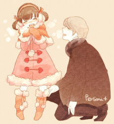 Rule 34 | 1boy, 1girl, atlus, bad id, bad pixiv id, boots, breath, brown hair, capelet, child, closed eyes, coat, colored skin, copyright name, doujima nanako, earmuffs, fur trim, grey hair, hair ribbon, mittens, narukami yuu, open mouth, orange mittens, persona, persona 4, ribbon, short hair, short twintails, skllp, smile, squatting, text focus, twintails, white skin, winter clothes