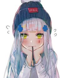 Rule 34 | 1girl, beanie, blunt bangs, blush, embarrassed, facial mark, flying sweatdrops, food, girls&#039; frontline, green eyes, hair ornament, hanato (seonoaiko), hands on own cheeks, hands on own face, hat, highres, hk416 (girls&#039; frontline), long hair, looking at viewer, pocky, pocky kiss, shared food, shirt, silver hair, simple background, solo, teardrop, white background, white shirt