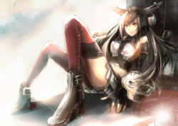 Rule 34 | 10s, 1girl, ankle boots, bad id, bad pixiv id, boots, brown eyes, brown hair, fingerless gloves, gloves, grey footwear, hairband, kantai collection, long hair, looking at viewer, midriff, nagato (kancolle), navel, personification, skirt, smile, solo, thighhighs, truth (redeye19)
